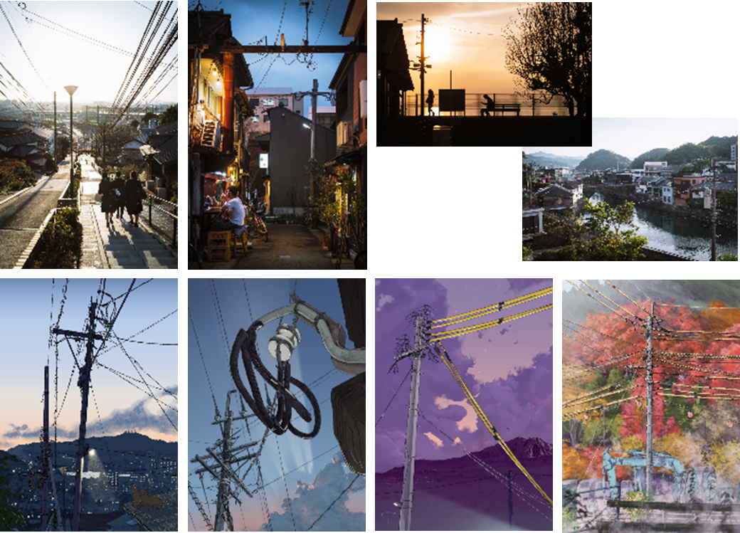 「九州7県の電柱」をテーマに栗山・田中 両名が実際に取材し、制作した写真・イラスト作品